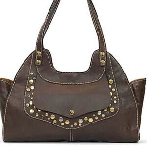 Patricia Nash Dark Brown Studded Ergo Satchel Italian Leather Top Handle Bag